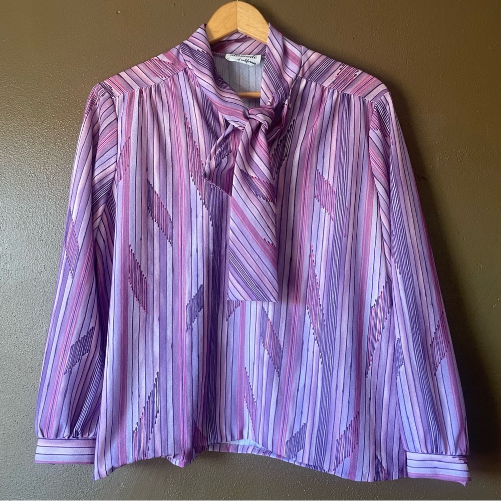 VTG Alamode Purple Striped Long-sleeve Neck Tie Blouse